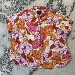 Rachel Roy Top Womens Size M Multicolor Floral Print Short Sleeve 100% Linen